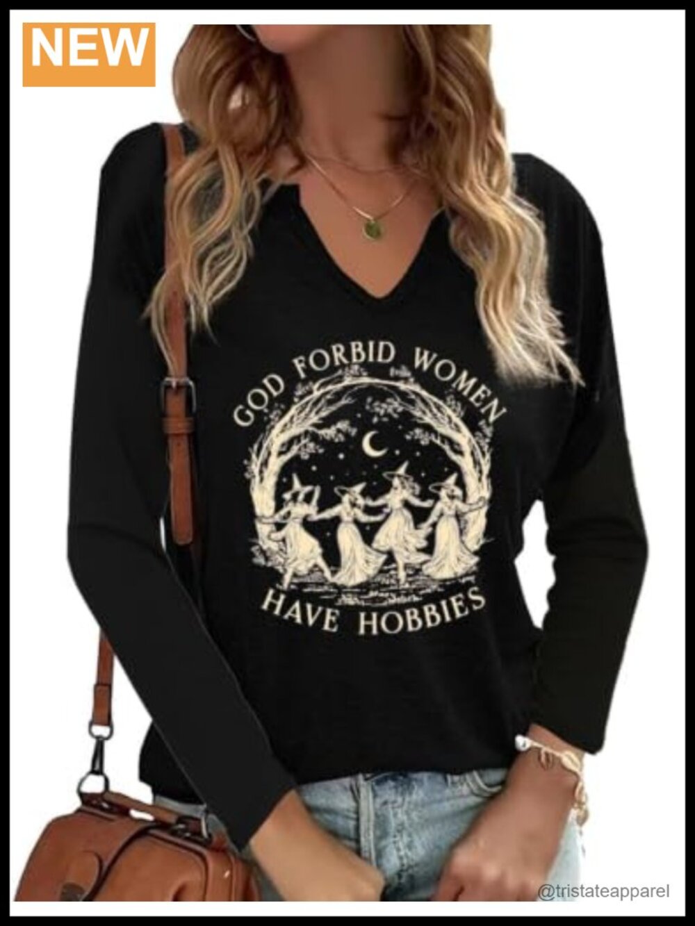 Halloween Graphic Tee Long Sleeve Cotton Blend V Neck Witchy Fall Top